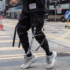 Men Hip Hop Black Cargo Pants joggers Sweatpants Overalls Men Ribbons Streetwear Harem Pants Women Fashions Trousers